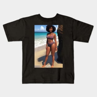 Dark-haired woman at the beach is a sight for sore eyes. Kids T-Shirt